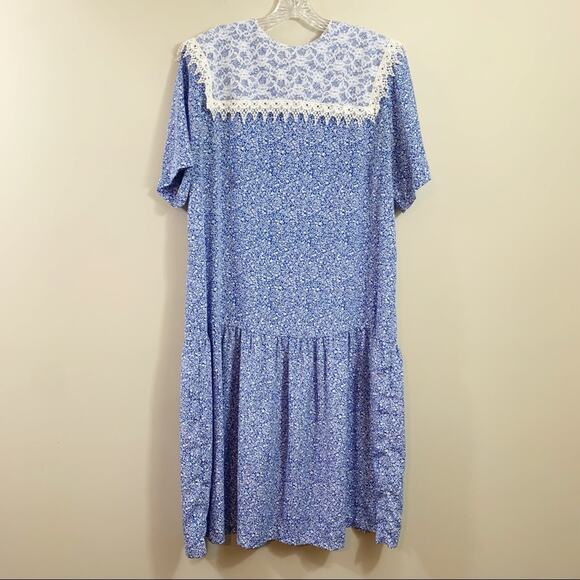 Vintage Puccini Lace Collar Floral Royal Blue/White Midi Dress - Picture 1 of 5
